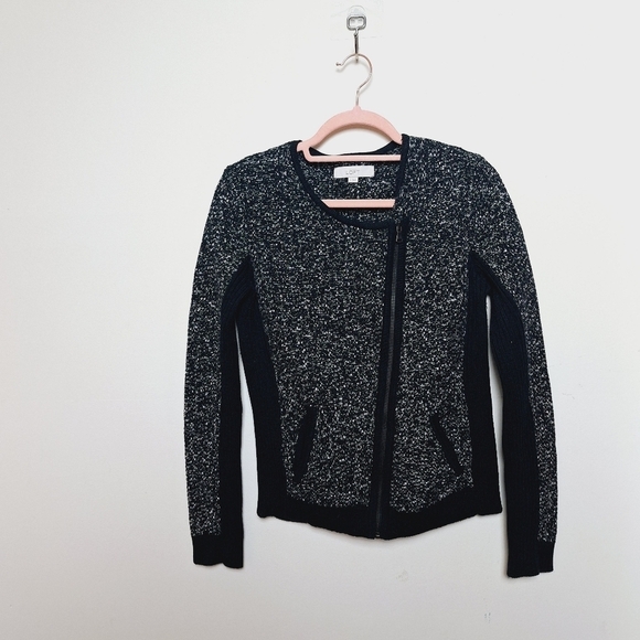 Loft Black Tweed Asymmetrical Full Zip Moto Sweater Jacket Size Small - Picture 2 of 11